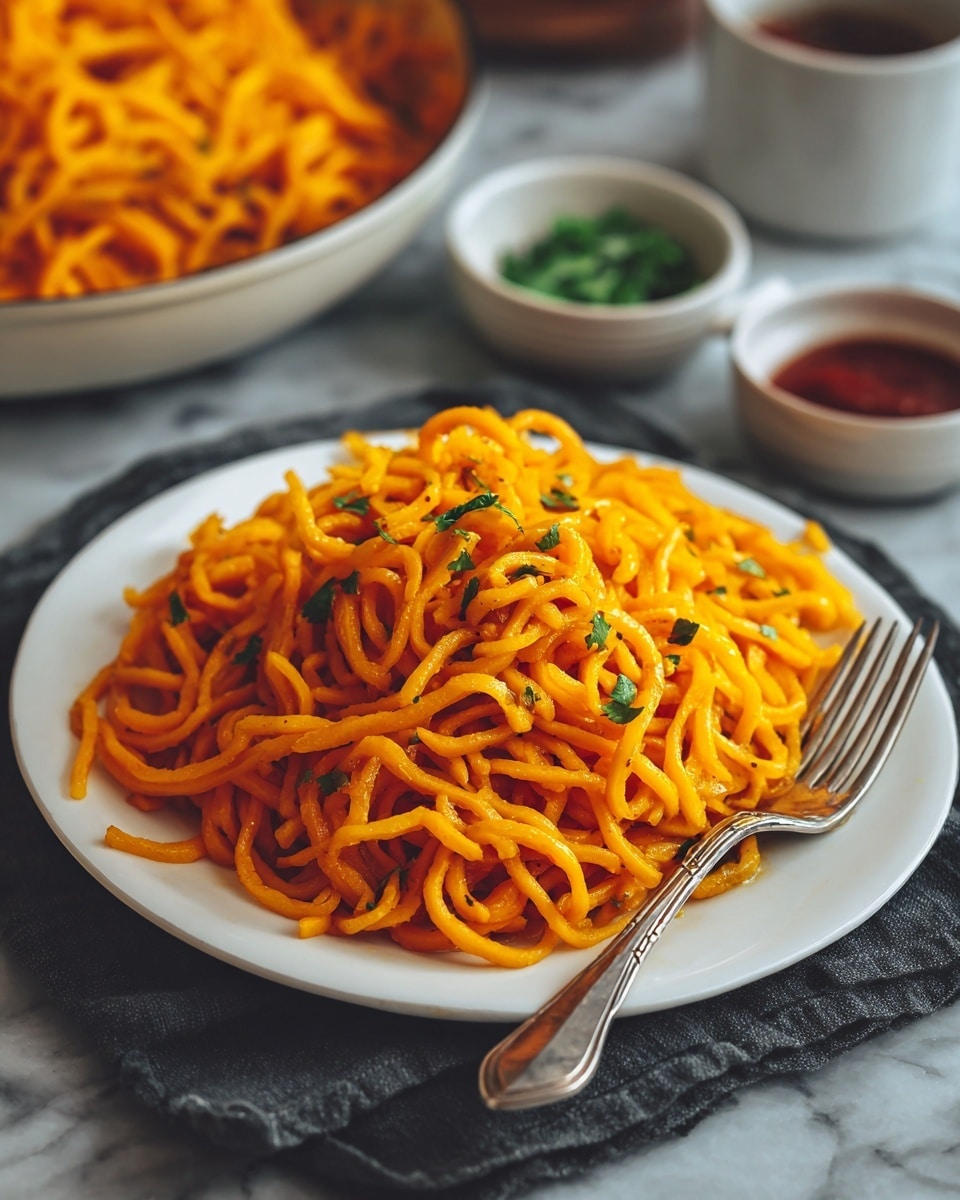 A white plate filled with a large pile of bright orange cooked noodles with some herbs mixed in, placed on a dark cloth over a white marbled surface. A silver fork lies on the right side of the noodles on the plate. Behind the plate, a white pan filled with more noodles sits slightly blurred. To the right of the pan, two small white bowls hold green herbs and a red sauce. The whole scene has a warm and inviting look, showing the texture of the noodles clearly. photo taken with an iphone --ar 4:5 --v 7