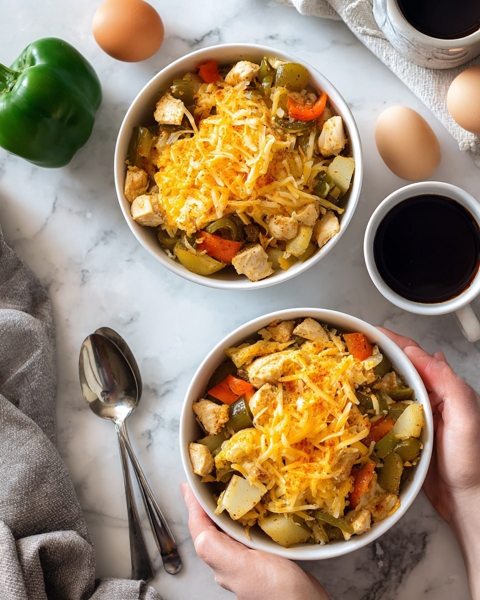 Two white bowls filled with a colorful cooked dish sit side by side on a white marbled surface. The dish has multiple layers starting with chunks of cooked chicken and small diced potatoes mixed with pieces of green bell pepper. On top, there is a layer of shredded orange cheese that is evenly spread. Around the bowls, there are some raw eggs and a whole green bell pepper placed as decoration. A metal spoon lies near the bowls, and a small container with dark sauce is also present. A woman's hand is holding one bowl gently from the side. photo taken with an iphone --ar 4:5 --v 7