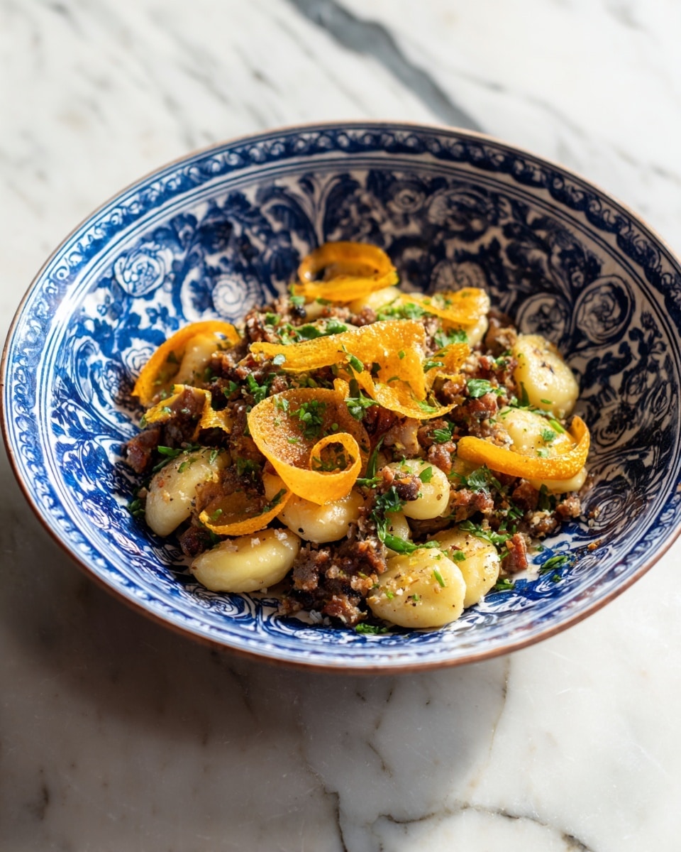 The image shows a blue and white patterned bowl filled with a dish made of small, roasted brown pieces that look crispy, mixed with light yellow gnocchi that have a soft texture. There are thin, curled slices of a pale orange ingredient on top and small green chopped herbs sprinkled over everything. The food layers sit close together and the bowl is placed on a white marbled surface. The photo taken with an iphone --ar 4:5 --v 7