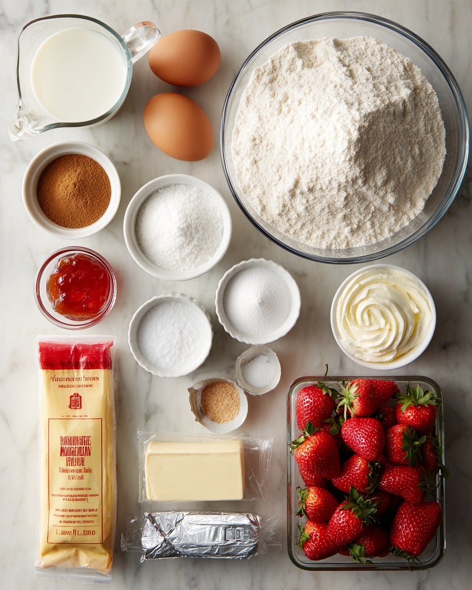 Strawberry Cinnamon Rolls Recipe 4 A white marbled surface holds ingredients for baking, arranged neatly in clear glass bowls and white ramekins. On the top right, a large clear bowl is full of white flour with a slightly rough texture. To its left, a clear measuring cup holds white milk. Below are two brown eggs with smooth shells resting on the marble. Around them are small white ramekins containing white baking powder, white sugar, and a reddish jelly with a shiny surface. A small glass bowl on the left has light brown cinnamon powder, and another small glass bowl holds a thick cream. A yellow and red packet of dry yeast with text sits near the center. A white stick of butter wrapped in packaging and a silver wrapped cream cheese block are on the bottom left. The bottom right corner shows a clear plastic container filled with bright red strawberries with green tops, with a shiny and fresh look. photo taken with an iphone --ar 4:5 --v 7