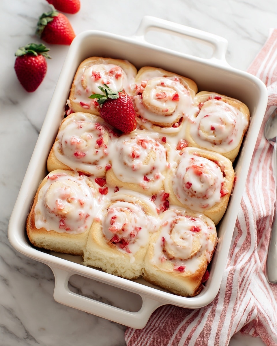 Strawberry Cinnamon Rolls Recipe 5 A white rectangular dish filled with two layers of light pink cinnamon rolls with a creamy swirl texture, arranged neatly in a 3 by 4 grid, drizzled with bits of red strawberry pieces mixed into the frosting, and topped with a small whole strawberry near the center; the dish sits on a white marbled surface with a striped cloth partially visible on the side. photo taken with an iphone --ar 4:5 --v 7