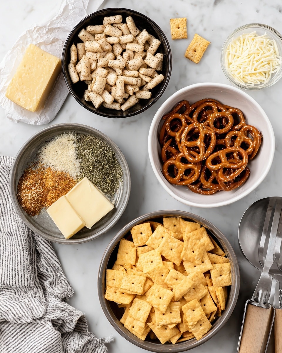 A top view of five bowls on a white marbled surface with a butter stick and a kitchen spatula nearby. The largest bowl at the bottom center is filled with square yellow crackers with small holes. To its left, a smaller bowl holds a combination of four different spices and herbs, separated into quarters with distinct yellow, green, white, and speckled textures. Above it is a white bowl full of tiny beige crackers shaped like mini pillows. In the middle is a white bowl filled with small, twisted brown pretzels sprinkled with salt. At the top left, a black bowl contains smaller square, lattice-textured cereal pieces in light tan. Additionally, a small white bowl with finely grated cheese sits near the butter stick on the right. The scene includes a folded striped cloth in the bottom left corner. Photo taken with an iphone --ar 4:5 --v 7