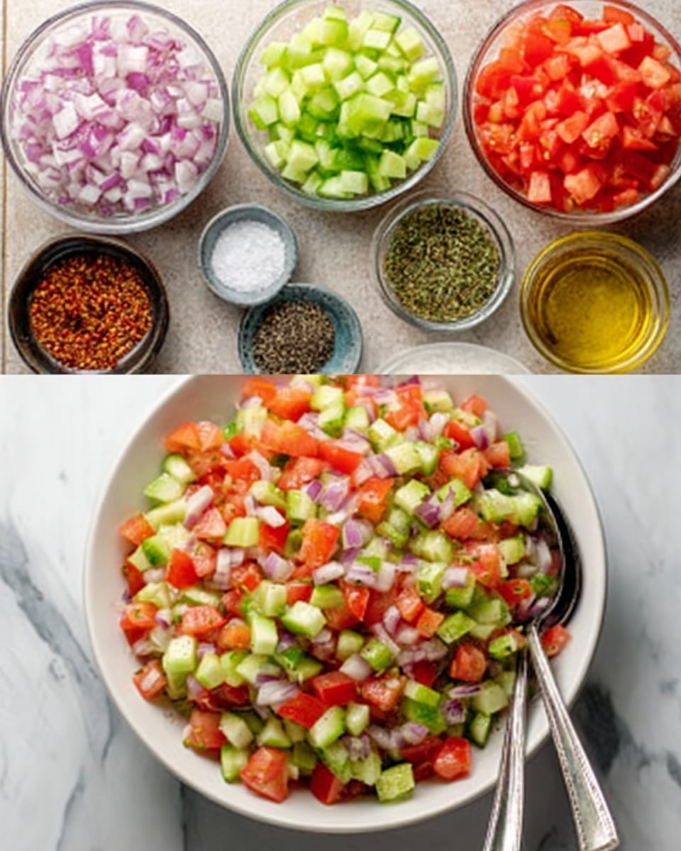 The image shows a white bowl filled with a colorful salad made of small, evenly diced pieces of fresh cucumber, tomato, and red onion. The vegetables are mixed together with a light dressing, giving a fresh and vibrant look. Around the bowl, there are small clear glass bowls containing more diced tomatoes, chopped red onions, sliced celery, and small piles of salt, pepper, and dried green herbs. Two silver spoons rest inside the bowl, ready for serving, all placed on a white marbled surface. Photo taken with an iphone --ar 4:5 --v 7