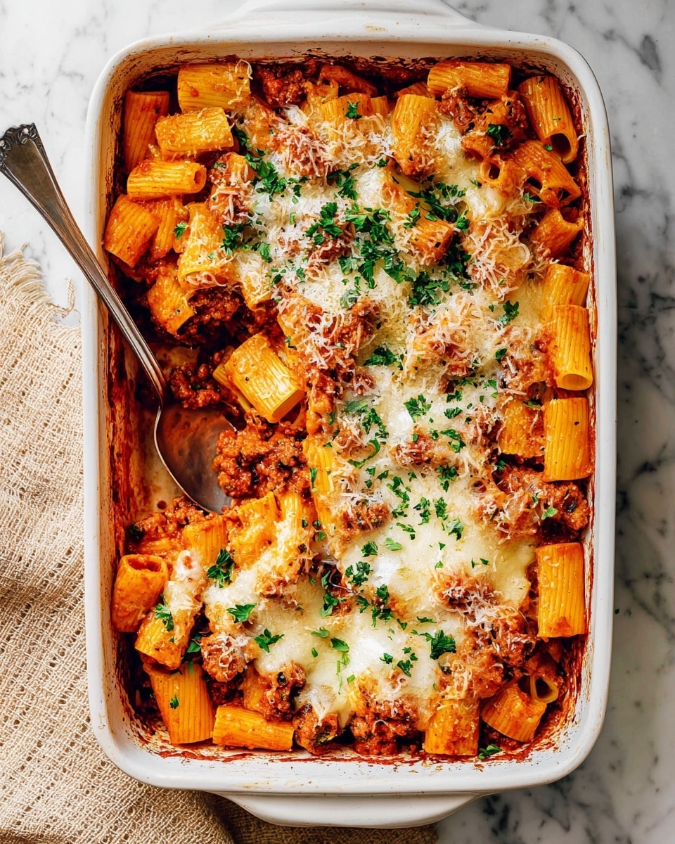 A white rectangular baking dish filled with baked rigatoni pasta. The dish has three main visible layers: the bottom layer consists of thick, orange-red tomato sauce mixed with browned sausage pieces; the middle layer is large rigatoni pasta tubes coated in sauce, some slightly browned from baking; the top layer is a mix of melted white cheese and grated cheese sprinkled all over, with chopped green parsley scattered on top. A silver spoon rests inside the dish on the upper left side, slightly pushing into the pasta. The dish is set on a white marbled surface with a beige textured cloth partially visible on the top left side. Photo taken with an iphone --ar 4:5 --v 7