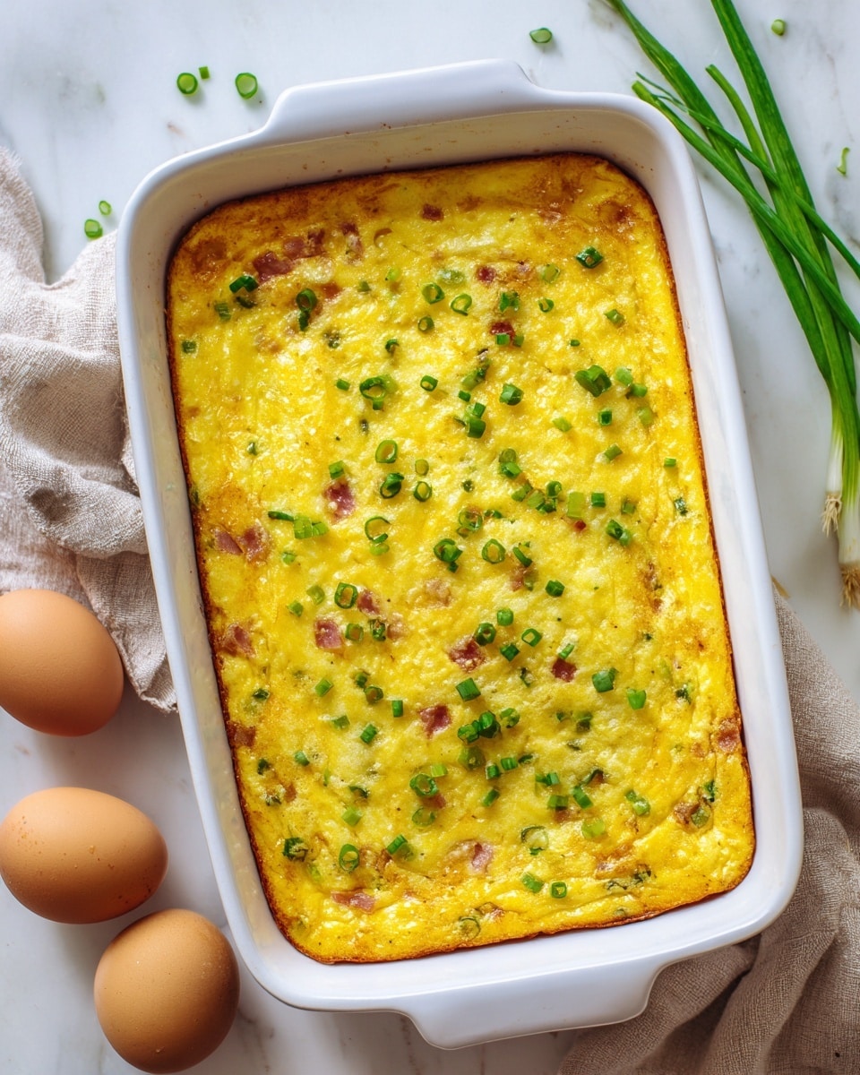 The image shows a rectangular white dish filled with a baked egg casserole. The casserole has a golden yellow top layer with small green pieces of chopped green onions scattered evenly. The texture of the top looks fluffy with some lightly browned spots indicating it is baked. The casserole appears to have small bits of diced ham mixed inside, slightly visible through the yellow egg mix. Next to the dish, there are a few whole eggs and fresh green onions arranged on a white marbled surface. The scene is bright and clean. Photo taken with an iphone --ar 4:5 --v 7