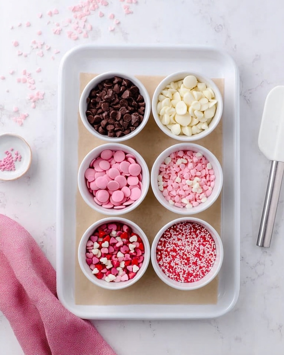 The image shows five white bowls placed on a white rectangular tray with parchment paper. Each bowl holds a different type of small candy or sprinkle: one with dark brown chocolate chips, one with pink flat candy discs, one with white chocolate chips, one with small pink and white heart-shaped sprinkles mixed with red ones, and one with tiny pink round sprinkles. The tray is set on a white marbled surface, with a white spatula and a pink cloth on the side. The colors are soft and pastel, giving a sweet and delicate feel. Photo taken with an iphone --ar 4:5 --v 7