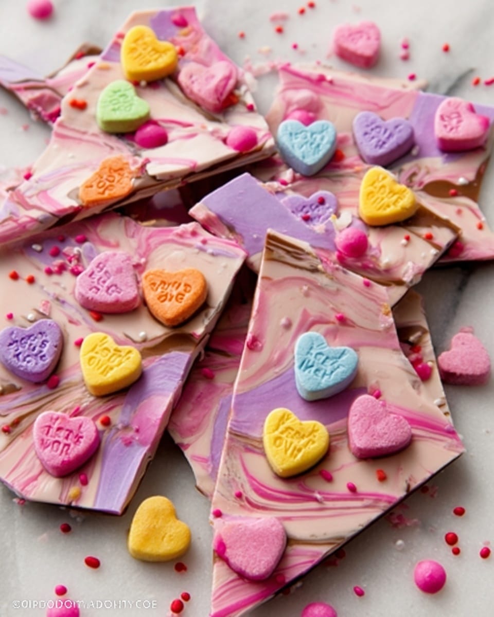 The image shows several pieces of chocolate bark scattered on a white marbled surface. Each piece has a base layer of smooth milk chocolate with swirls of lighter pink chocolate running through it, creating a marble effect. The top is decorated with colorful candy hearts in pastel shades of yellow, pink, orange, green, and purple with sweet words on them. There are also some small round pink and red candy sprinkles scattered around and stuck on the bark. The pieces are irregularly shaped and vary in size. Photo taken with an iphone --ar 4:5 --v 7
