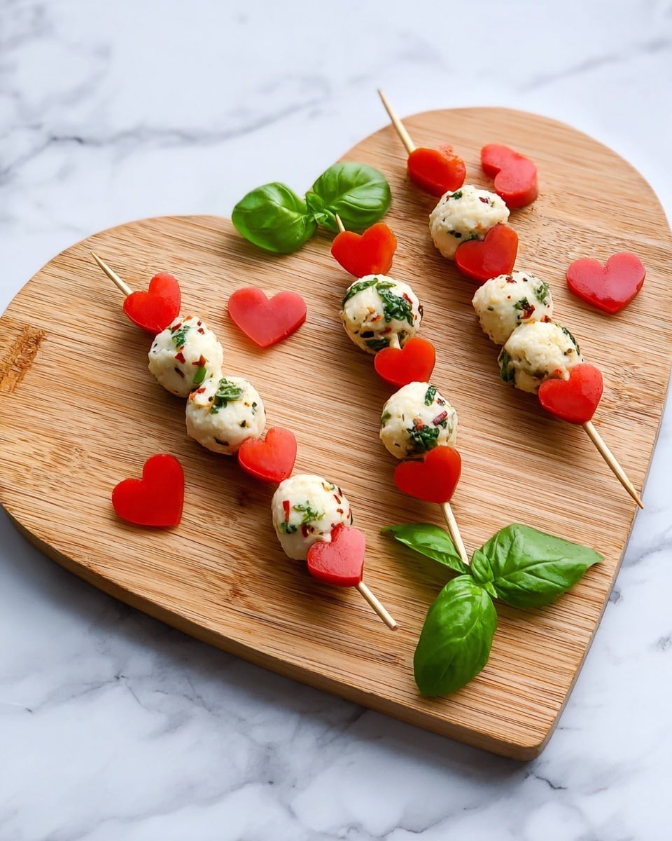 The image shows a wooden heart-shaped board with five small skewers of food arranged on it. Each skewer has an alternating pattern of small white balls with herb and red pepper flecks, and bright red heart-shaped pieces. There are also fresh green basil leaves placed on the board, adding a splash of color. The wooden board sits on a white marbled surface, and the overall look is fresh and colorful, with the red, white, and green colors standing out clearly. photo taken with an iphone --ar 4:5 --v 7