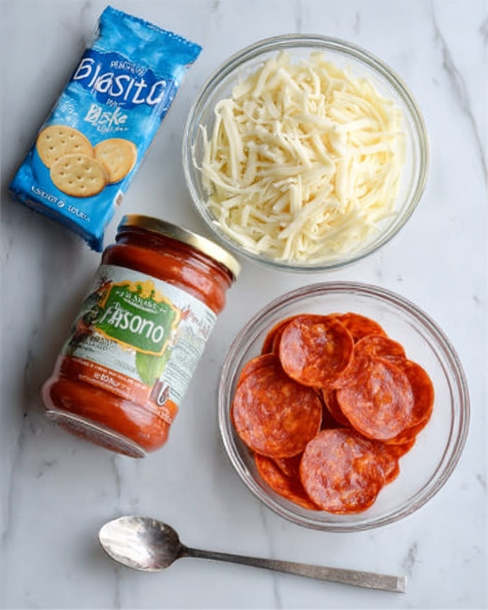 The image shows a white marbled surface with four items neatly arranged: a blue biscuit package on the top left, a glass bowl filled with shredded pale yellow cheese on the top right, another glass bowl with thin round red pepperoni slices on the bottom right, and a jar of red marinara sauce with green and yellow labeling on the bottom left. A silver spoon is placed near the bottom left corner, pointing towards the items. The overall look is clean and organized, with bright natural lighting. photo taken with an iphone --ar 4:5 --v 7