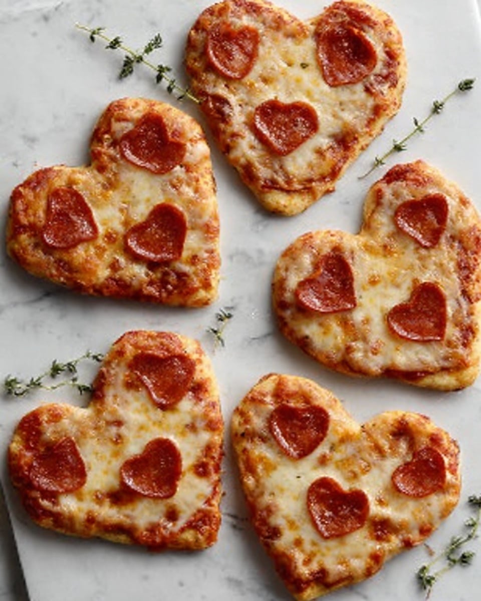 The image shows five heart-shaped mini pizzas on a white marbled surface, each topped with melted cheese that is golden and bubbly. Each pizza has a few round slices of pepperoni, with some cut into smaller heart shapes placed on top. The crust is light golden brown, and fresh thyme sprigs decorate the edges of the surface. The scene is simple and clean, focusing on the warm, inviting look of the small pizzas. photo taken with an iphone --ar 4:5 --v 7