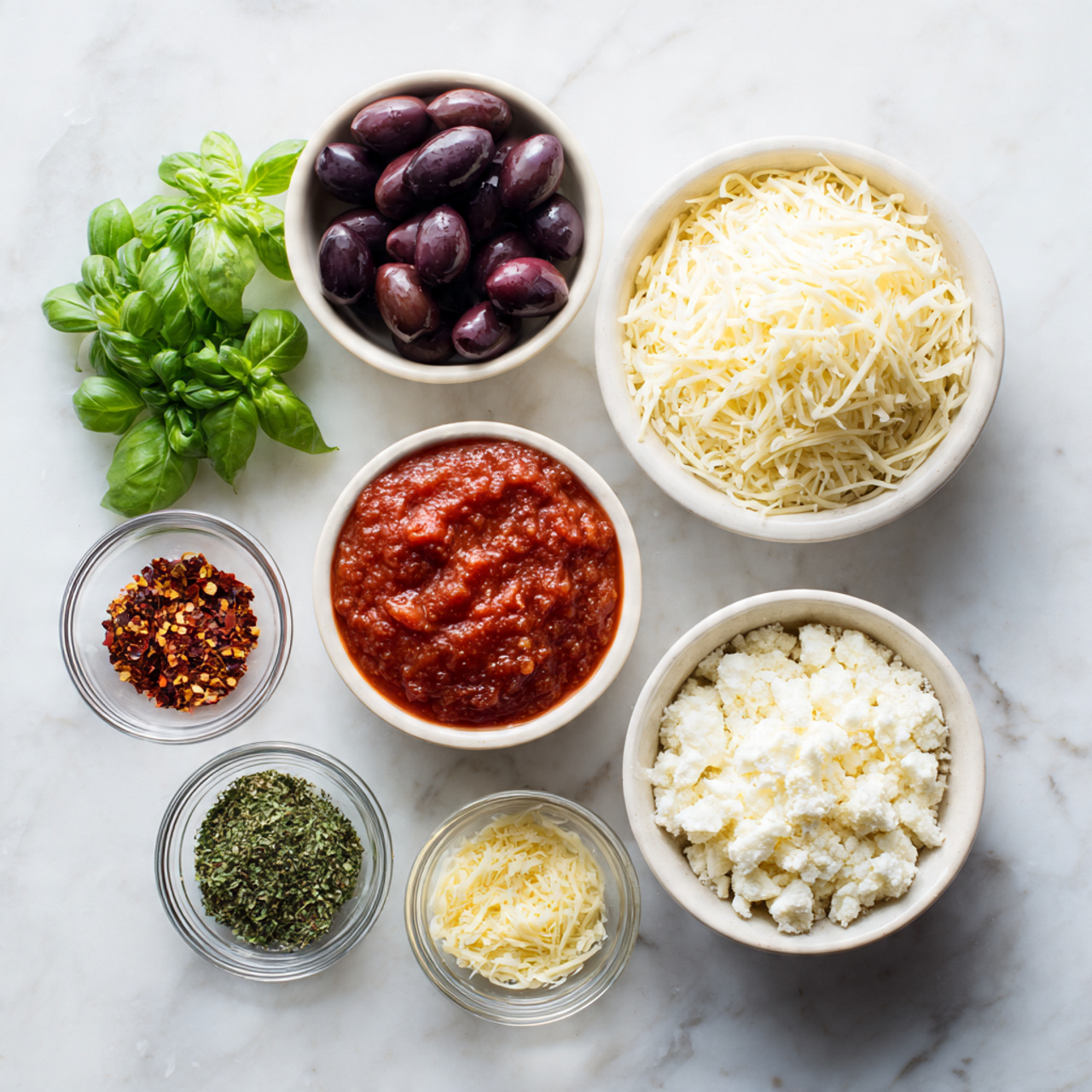 The image shows seven bowls placed on a white marbled surface. At the top right is a white bowl filled with shredded mozzarella cheese, next to it on the left is a small bunch of fresh green basil leaves. Below the basil is another white bowl with five dark purple olives. In the center is a white bowl full of thick red tomato sauce. To the right of the sauce is a small clear bowl holding red chili flakes. Below these are three more small clear bowls; the left one contains a green herb blend, the center one has yellow grated parmesan cheese, and the right one contains white crumbled cheese. photo taken with an iphone --ar 4:5 --v 7