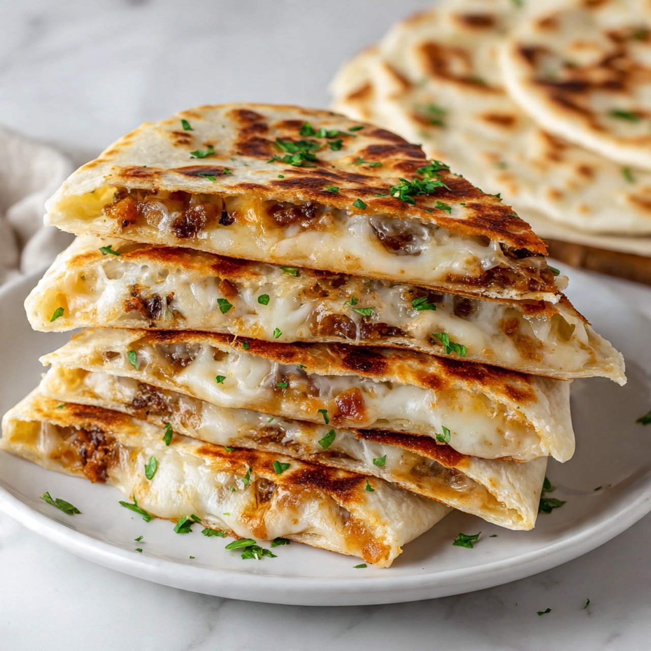 The image shows a stack of four folded quesadillas, each filled with layers of melted cheese, browned crispy bits, and chopped green herbs on top. The quesadillas have a golden toasted color with some darker spots and a slightly crunchy texture. They are arranged vertically, stacked one on top of the other on a white plate. In the background, part of a flatbread or another quesadilla is visible, resting on a white marbled surface. The scene is bright and clear, highlighting the rich textures and warm colors of the food. Photo taken with an iphone --ar 4:5 --v 7