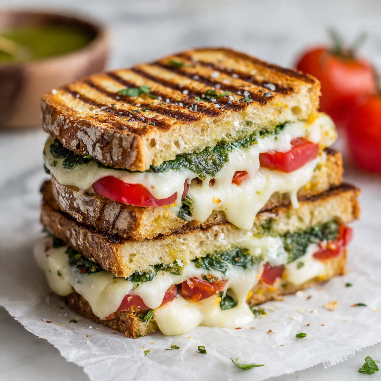 The image shows a grilled sandwich stacked with three layers, each filled with green leafy spinach, bright red tomato slices, and melted white cheese. The sandwich bread is golden brown with clear grill marks. The edges are crisp and slightly toasted. A blurred background shows some fresh tomatoes and a small bowl of green sauce on a white marbled surface. The sandwich is placed on parchment paper. A woman's hand is gently holding the sandwich from the side. Photo taken with an iphone --ar 4:5 --v 7