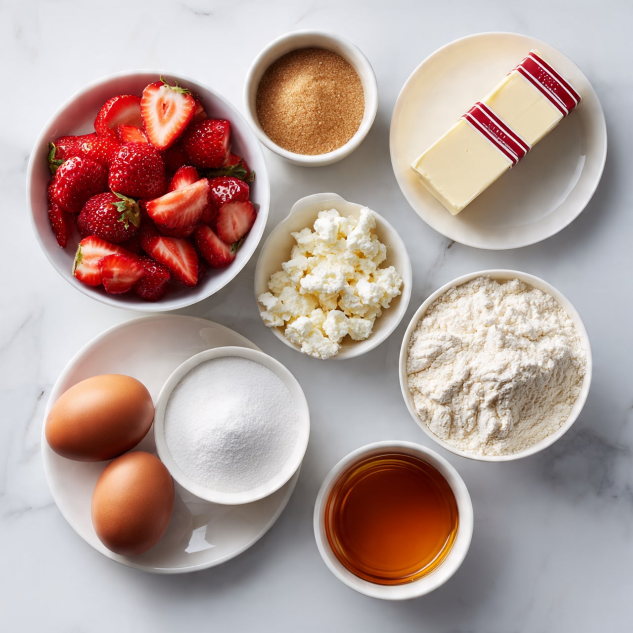 The image shows a white marbled surface with several small white bowls and plates arranged neatly. One white bowl is filled with bright red strawberries, some sliced showing the juicy texture inside. Another small white bowl contains crumbled white cheese. There is a small white bowl filled with brown sugar, and another with plain white sugar. Two brown eggs lie directly on the surface near a stick of butter wrapped in white and red paper. A larger white plate holds fine white flour, and a small white bowl holds a thick amber-colored liquid, likely honey or syrup. Everything looks fresh and ready for baking, photo taken with an iphone --ar 4:5 --v 7