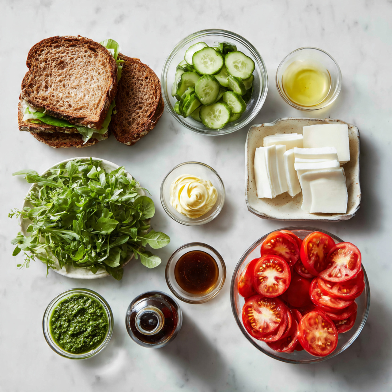 The image shows ingredients for making a sandwich laid out on a white marbled surface. There are two slices of toasted brown bread at the top left. Below them are fresh green leafy herbs scattered loosely. To the right of the herbs is a small clear bowl with light green cucumber slices, and next to that is a small bowl with pale yellow mayonnaise. Above the mayonnaise is a large clear bowl filled with neatly layered, vibrant red tomato slices arranged on top of each other. To the right of the tomato bowl is another large clear bowl containing slices of white cheese. Below the cheese bowl is a small bottle of dark brown sauce. A small clear bowl with green pesto is visible at the far left. photo taken with an iphone --ar 4:5 --v 7