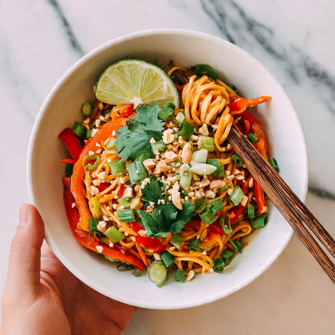 A white bowl filled with layered noodles at the bottom, light brown in color and soft in texture. On top are colorful strips of red bell pepper and orange carrots, adding a fresh, crunchy look. There are chopped green onions scattered over the vegetables and small white nut pieces sprinkled across the top. A few fresh green cilantro leaves add a bright touch, along with a wedge of lime resting on the side. The bowl sits on a white marbled surface, and there are wooden chopsticks placed nearby, with a woman's hand about to pick them up. Photo taken with an iphone --ar 4:5 --v 7