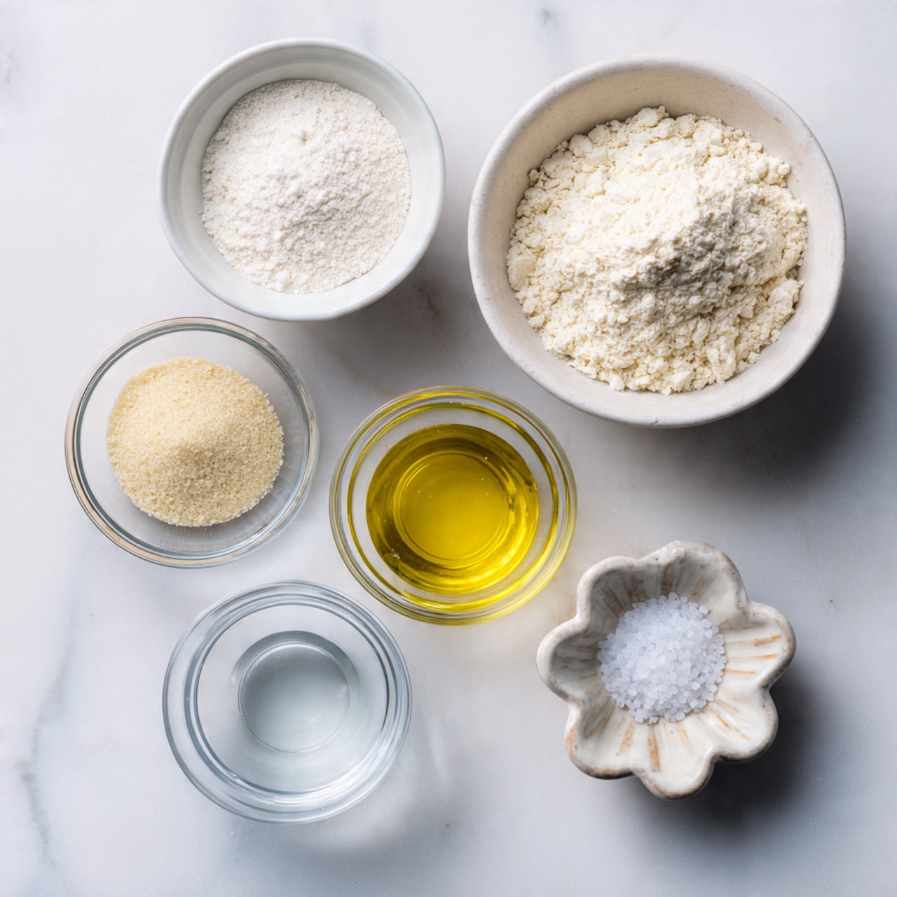 Six small bowls with different ingredients are arranged on a white marbled surface. The largest bowl on the top right holds a light, powdery white flour with a slightly rough texture. To the top left, there is a medium white bowl filled with a fine white powder that looks like sugar or salt. Below this bowl, a smaller clear glass bowl contains a pale yellow oil with a smooth surface. Next to it, a tiny bowl holds a light beige powder, likely dry yeast, with a fine grainy texture. At the bottom left, another clear bowl contains water, clear and smooth. On the lower right in a small white ceramic bowl with a flower-like shape are some larger white salt crystals. Photo taken with an iphone --ar 4:5 --v 7