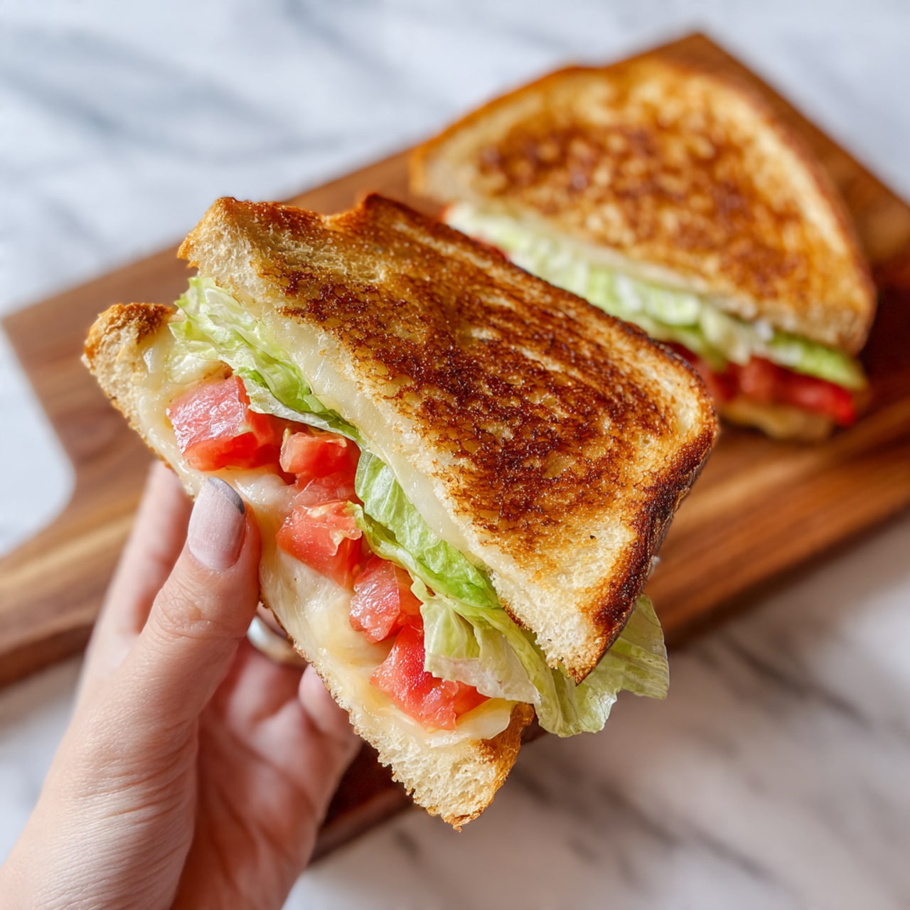 A close-up of a sandwich being held by a woman's hand, showing a golden brown toasted bread sliced diagonally. Inside the sandwich, there are three clear layers: the top layer is light green lettuce, the middle layer is bright red tomato pieces, and the bottom layer consists of melted cheese with a light yellow color. The sandwich rests on a wooden cutting board, with the other half of the sandwich in the background, also showing the same toasted bread and fillings. The scene is set on a white marbled surface. photo taken with an iphone --ar 4:5 --v 7