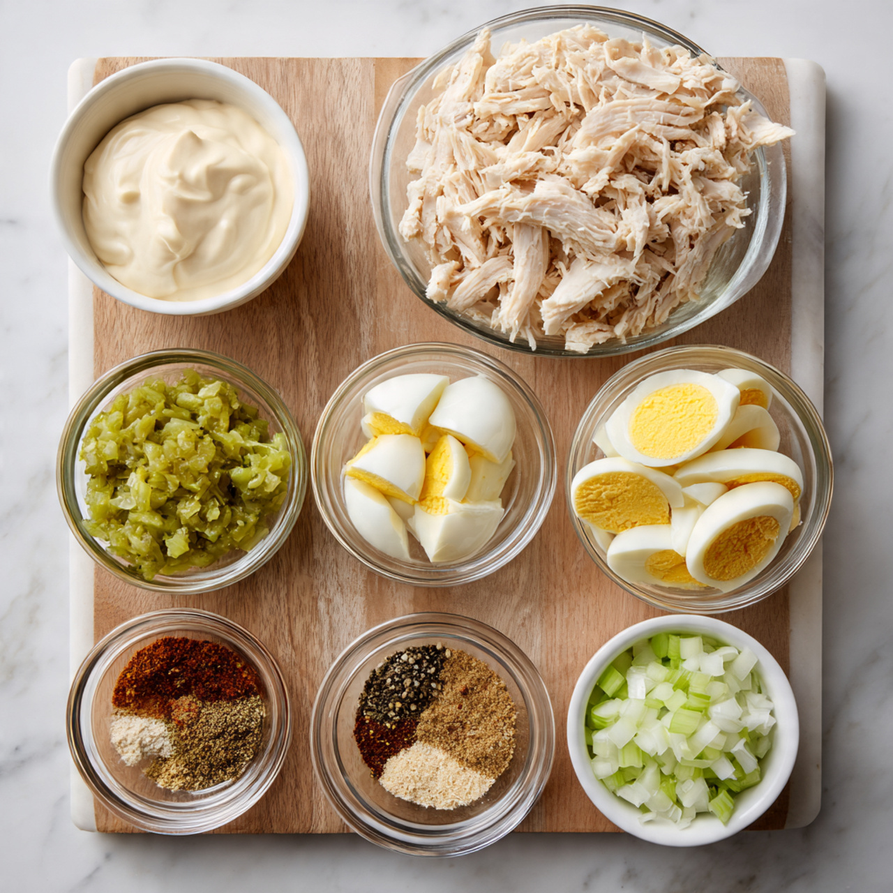 A clear glass bowl filled with finely shredded light beige cooked chicken sits at the top. Below it, a white wooden board holds six small bowls arranged in two rows of three: the top row includes a white bowl with thick creamy light beige mayo on the left, and a clear glass bowl with chopped boiled eggs showing white and bright yellow pieces on the right; the middle row has a clear glass bowl of green pickle relish on the left and a clear glass bowl of pale green chopped celery on the right; the bottom row shows a small beige bowl with mixed spices in brown, tan, white, and black colors on the left, and a clear glass bowl with finely chopped white onions on the right. The scene is set on a white marbled textured surface photo taken with an iphone --ar 4:5 --v 7
