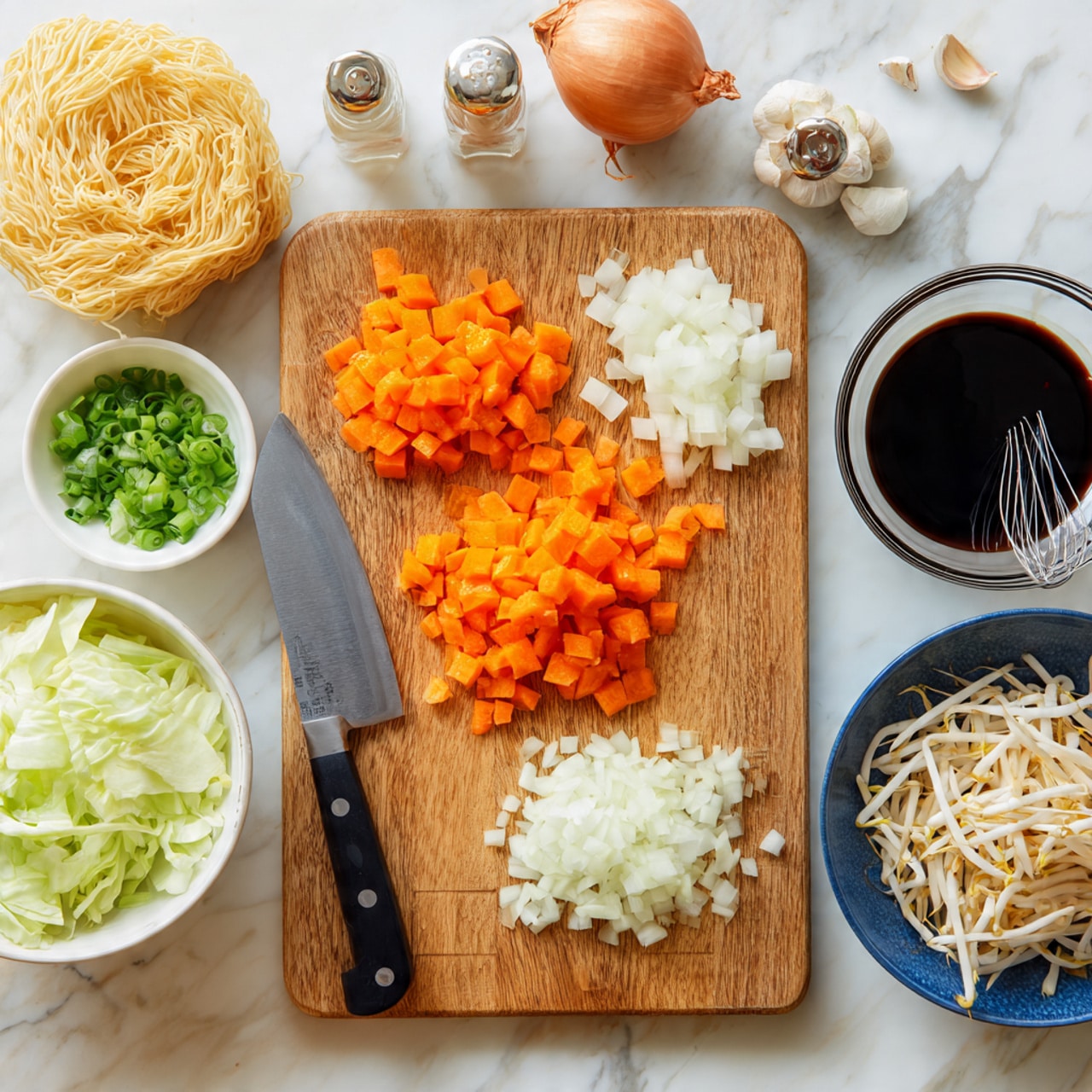 The image shows a wooden cutting board on a white marbled surface with three sections of chopped orange carrots in the center and right side, and a small pile of white onion slices next to them. On the left side of the board lies a cleaver knife with a black handle. To the upper left of the board is a round cluster of pale yellow noodles. On the lower left are green onions and a white bowl filled with sliced pale green cabbage. To the right bottom corner of the board is a blue bowl filled with white bean sprouts, and an unpeeled brown onion is nearby. At the top right, a clear glass bowl contains a dark soy sauce with a small whisk inside. Garlic cloves and small bottles are near the upper edge. Photo taken with an iphone --ar 4:5 --v 7