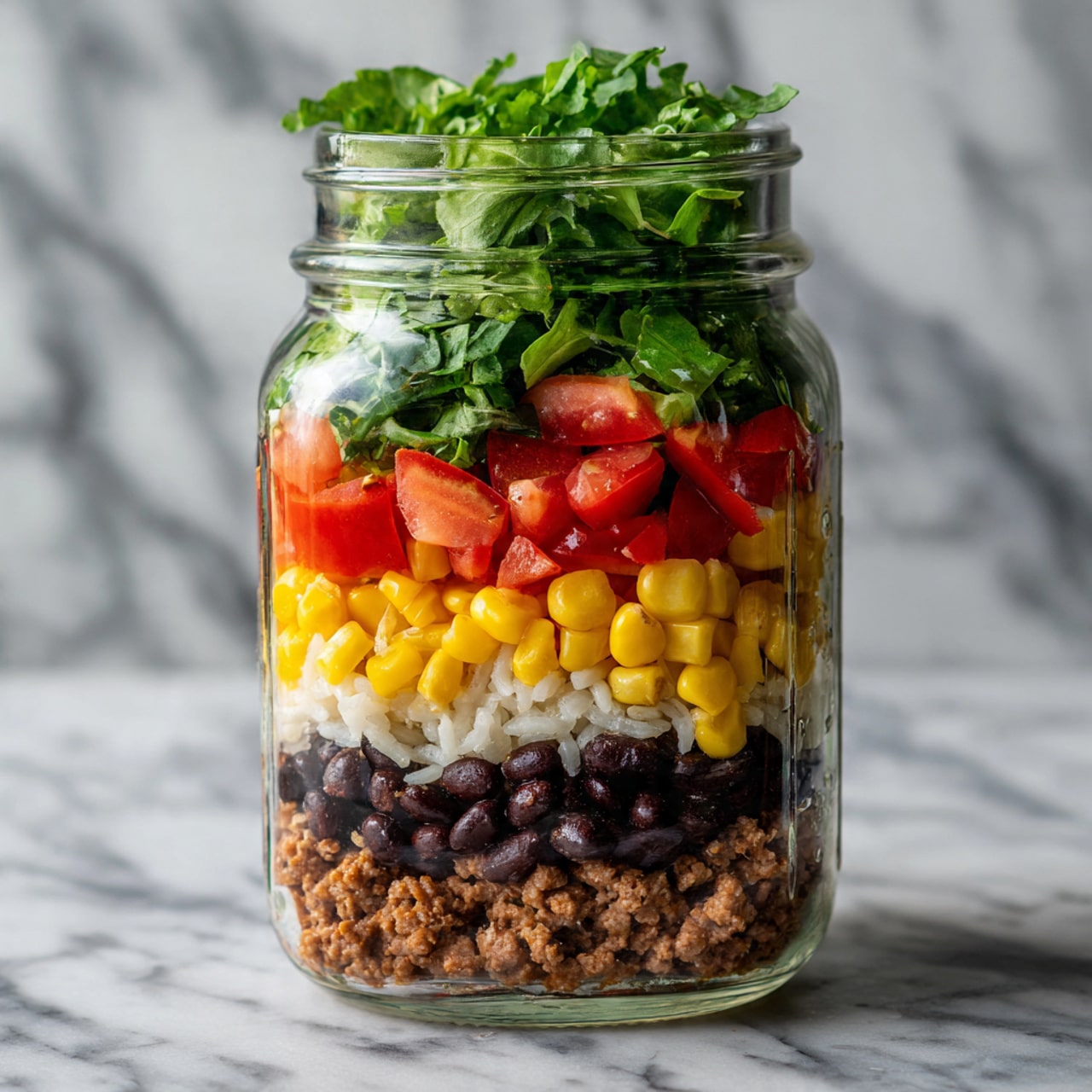 Taco Salad Jars Recipe 5 The image shows a clear glass jar with five visible layers of food. At the bottom, there is a layer of light brown cooked ground meat. Above that, there is a dark black layer of black beans. The next layer is bright yellow corn. On top of the corn, there is a thin layer of green leafy lettuce with some white rice grains scattered. The jar is topped with red tomato slices. The jar is placed on a white marbled surface with a blurred background. photo taken with an iphone --ar 4:5 --v 7