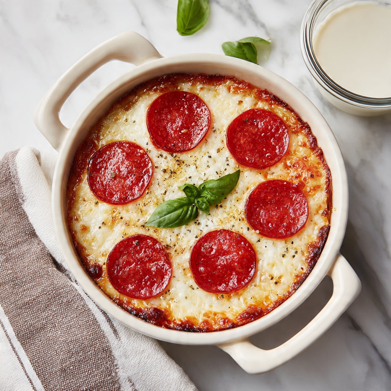 A white bowl with two handles holds a small round pizza with one layer of melted white cheese covering the base evenly, topped with five bright red pepperoni slices arranged in a circle and one small green basil leaf placed near the center. The pizza edges show a light golden-brown crust. The bowl is set on a white marbled surface with a light gray and brown striped cloth folded nearby. Next to the bowl is a small clear glass container filled with white creamy sauce, and a few green basil leaves lie on the surface close to the bowl. Photo taken with an iphone --ar 4:5 --v 7