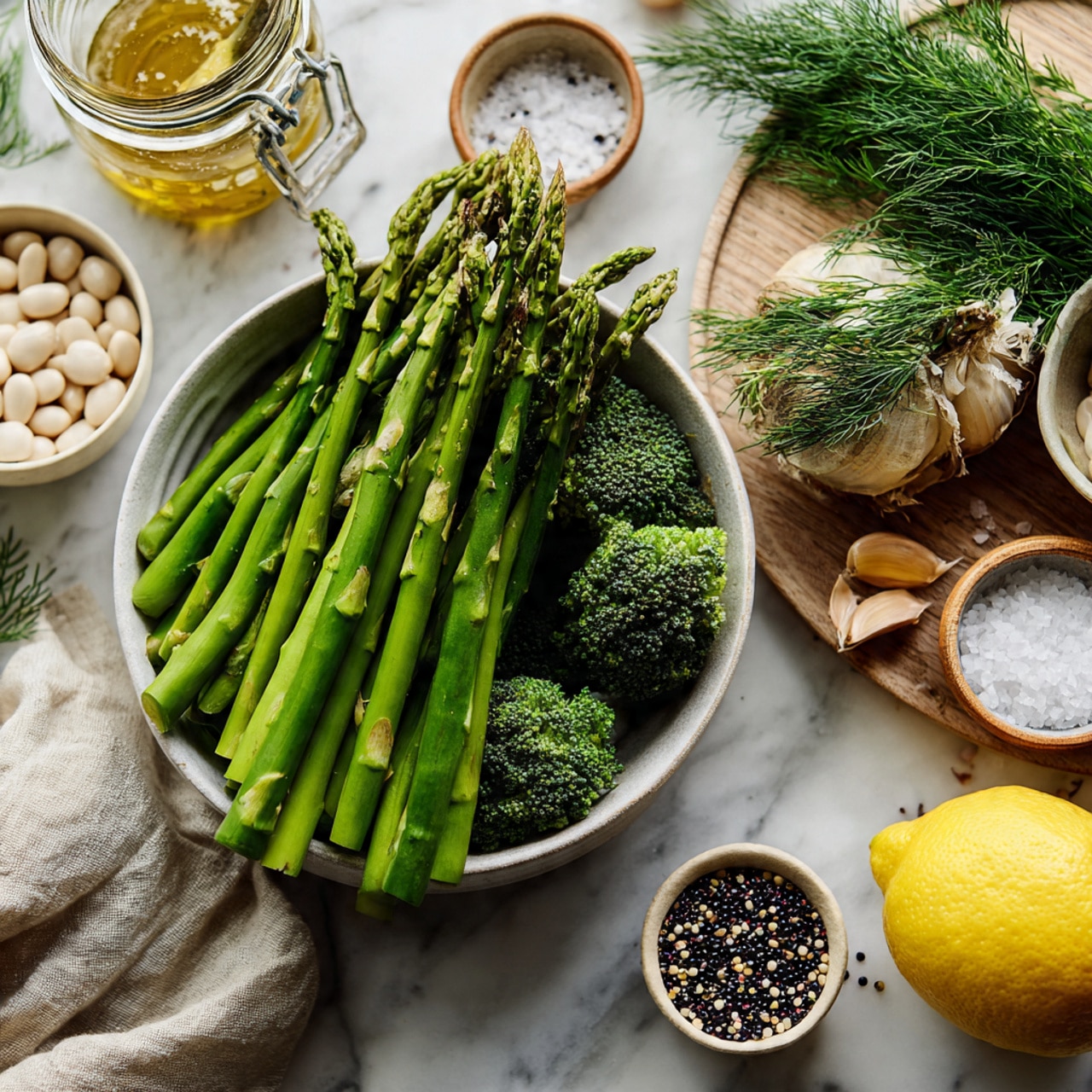 The image shows fresh green asparagus stalks and broccoli florets in a white bowl on a white marbled surface. Around them are small white bowls holding white beans and coarse salt, a beige bowl with a mix of black and white quinoa, and a bright yellow lemon placed on a wooden board. There is a bunch of fresh green herbs, including chives and dill, partially wrapped in a beige cloth. A single garlic clove and a jar with a golden-colored lid are also visible on the same white marbled surface. The scene has a natural and fresh feel with soft lighting. photo taken with an iphone --ar 4:5 --v 7