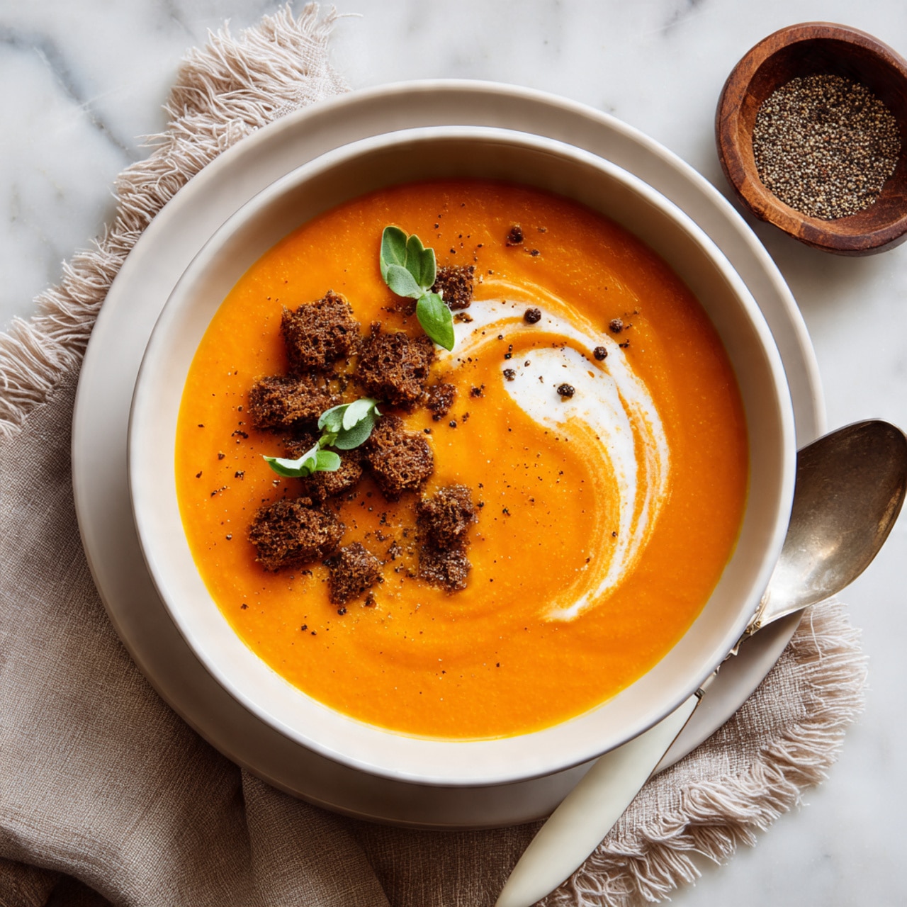 A white bowl filled with smooth, bright orange soup, topped with a small swirl of white cream on the left side, a few small green herb leaves right on the cream, dark brown crunchy bread cubes scattered near the top left, and some black pepper pieces sprinkled on top, all placed on a white plate. The bowl sits on a soft light brown cloth with fringed edges, resting on a white marbled surface. Nearby, there is a small round wooden dish filled with coarsely ground black pepper and a white-handled spoon with a silver scoop. photo taken with an iphone --ar 4:5 --v 7