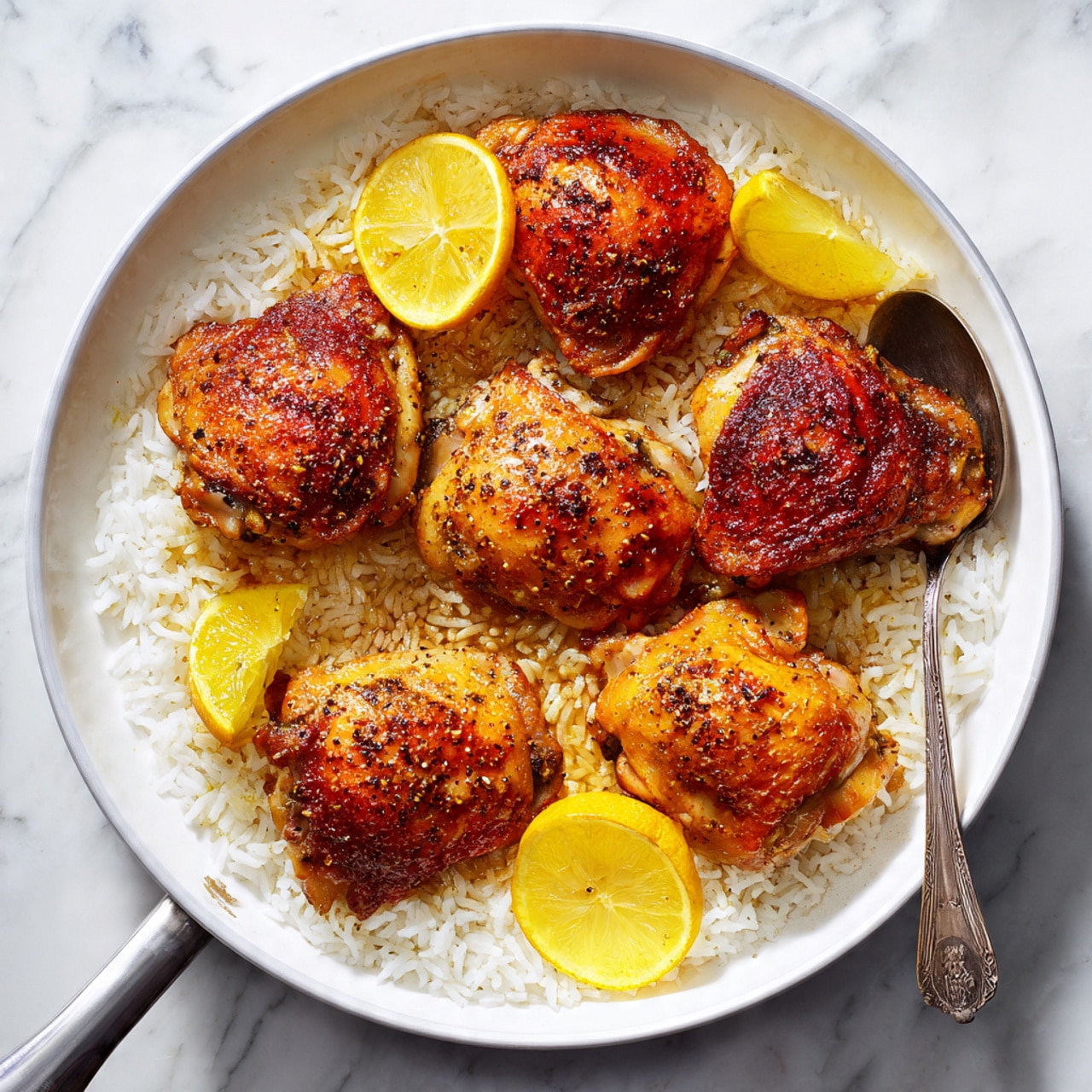 A white pan is filled with a layer of cooked white rice that looks soft and fluffy. On top of the rice, there are five pieces of golden brown roasted chicken thighs with crispy skin and a sprinkle of seasoning. Between the chicken pieces, there are thin slices of bright yellow lemon adding a fresh color contrast. A metal spoon rests on the edge of the pan. The pan is placed on a surface with a white marbled texture. photo taken with an iphone --ar 4:5 --v 7