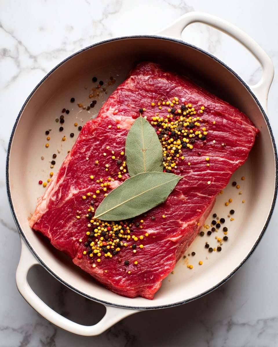 A large piece of raw red beef lies flat in a white pot with thick handles, resting on a white marbled surface. On top of the beef, there is a scattering of multicolored spices, including small yellow mustard seeds and black peppercorns, with two dried bay leaves placed in the center. The beef shows visible marbling with fine white fat streaks running through the meat. The pot is viewed from above, showing the smooth interior and clean edges. photo taken with an iphone --ar 4:5 --v 7