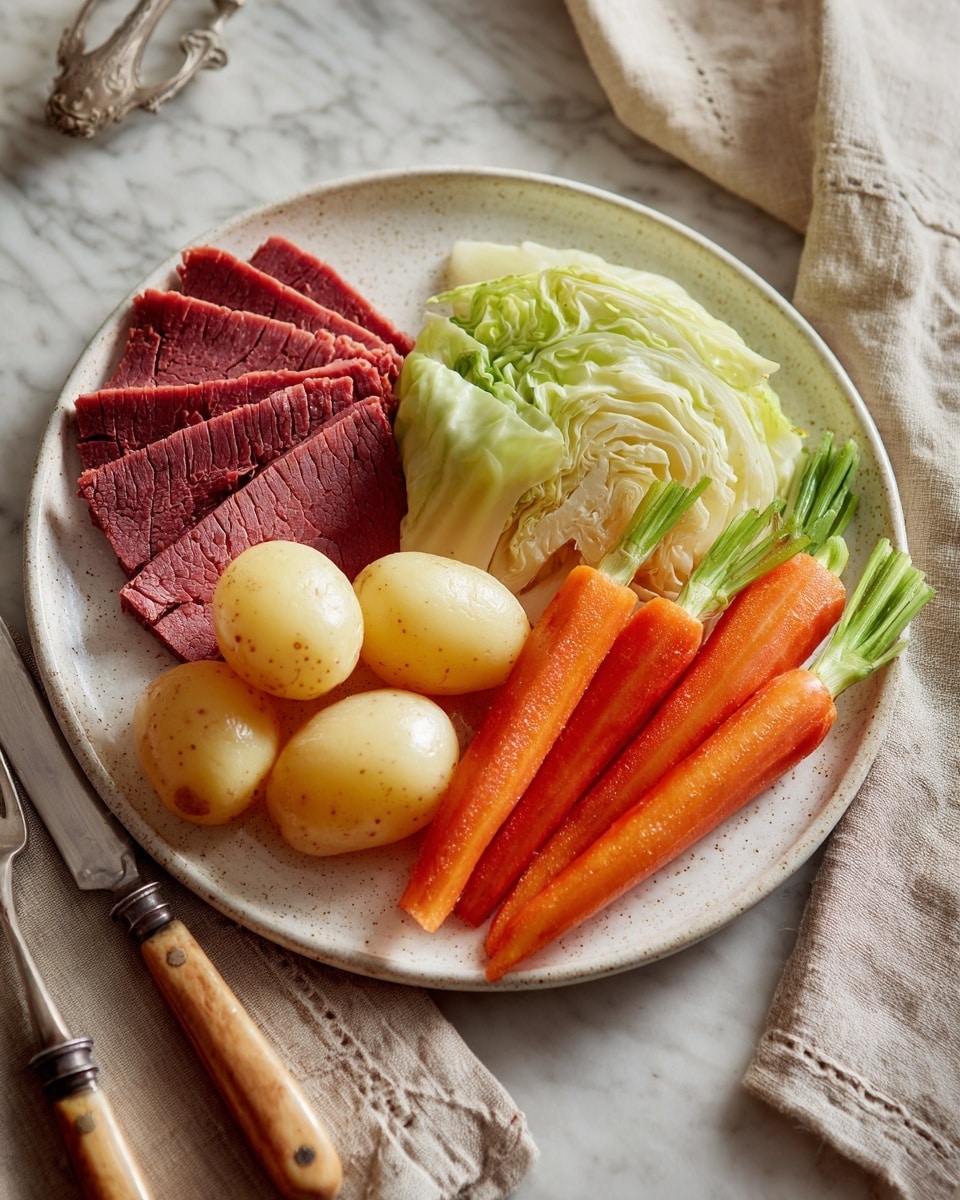 A white speckled plate holds a meal with five main parts arranged in neat sections: on the left are three thin slices of dark reddish-brown corned beef layered slightly overlapping, next to that are three small boiled potatoes with smooth light yellow and light red skins clustered together, to the right of them is a mound of pale green cooked cabbage leaves folded gently, and on the far right are two long bright orange cooked carrots with short green tops still attached. The plate sits on a white marbled surface next to a silver fork and knife with wooden handles placed below it, and a textured light beige cloth partly visible on the top right corner. Photo taken with an iphone --ar 4:5 --v 7