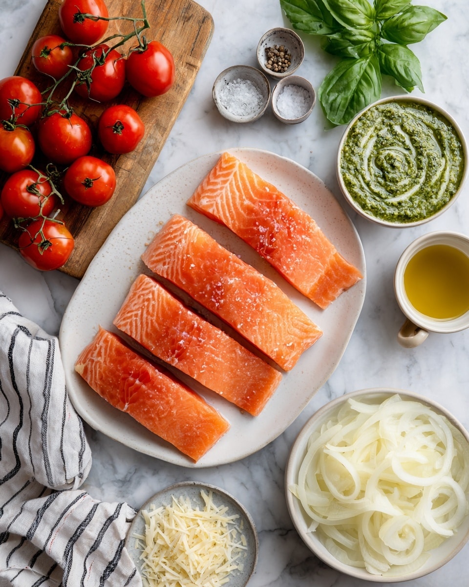 The image shows a top view of fresh cooking ingredients arranged neatly on a white marbled surface. In the center, a white plate holds four raw salmon fillets, each with a shiny pink-orange color and smooth texture, placed side by side in a single layer. To the right, there is a small white bowl filled with pale yellow sliced onions arranged loosely, and above it, another white bowl contains a swirled green pesto sauce with a slightly chunky texture. To the upper right corner, fresh green basil leaves add a pop of color. On the left side, a small wooden board holds a bunch of bright red cherry tomatoes on the vine, alongside two small grey bowls with coarse white salt and ground black pepper. Near the bottom left corner, a white plate contains grated Parmesan cheese, and between the onions and basil, a small ceramic cup of light golden olive oil is placed. A white cloth with dark stripes is partly visible in the bottom left corner. The photo taken with an iphone --ar 4:5 --v 7