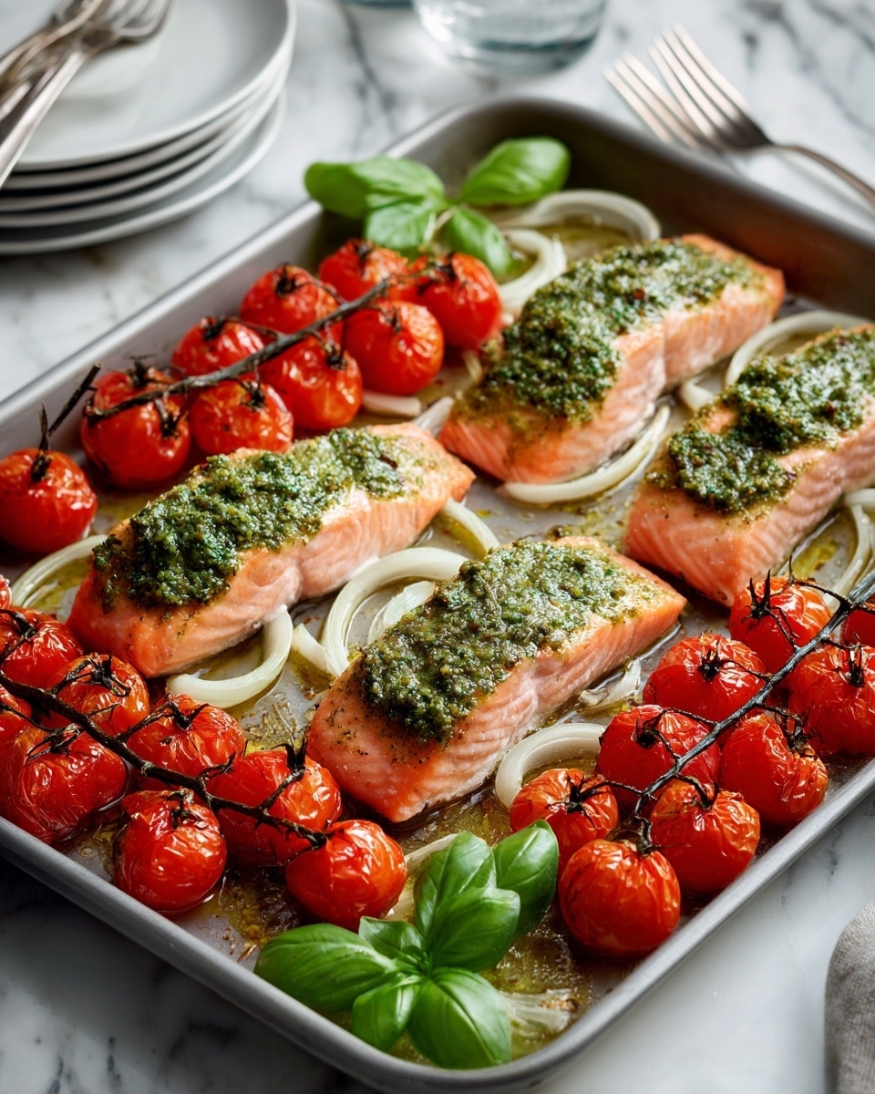 The image shows a baking tray with four pieces of cooked salmon fillets in the middle, each covered with a green herb sauce that has a textured, slightly chunky look. The salmon is pink and soft, placed on a bed of thin white onion slices. Around the salmon, there are several clusters of bright red cherry tomatoes still on their green stems, some roasted and slightly wrinkled. Fresh green basil leaves are placed in the front corner of the tray, adding a fresh color contrast. The tray is on a white marbled surface, and white plates with cutlery are blurred in the background. Photo taken with an iphone --ar 4:5 --v 7
