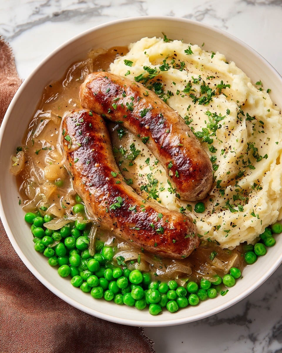 A white bowl contains two browned sausages with a shiny, slightly oily surface positioned diagonally across the bowl. Under the sausages is a light brown gravy with bits of onion and specks of black pepper. To one side, there is a fluffy mound of creamy mashed potatoes sprinkled with chopped green herbs and black pepper. Next to the potatoes, a bright green layer of whole peas fills the space, contrasting with the other colors. The dish is set against a white marbled surface with a folded brown cloth nearby. Photo taken with an iphone --ar 4:5 --v 7