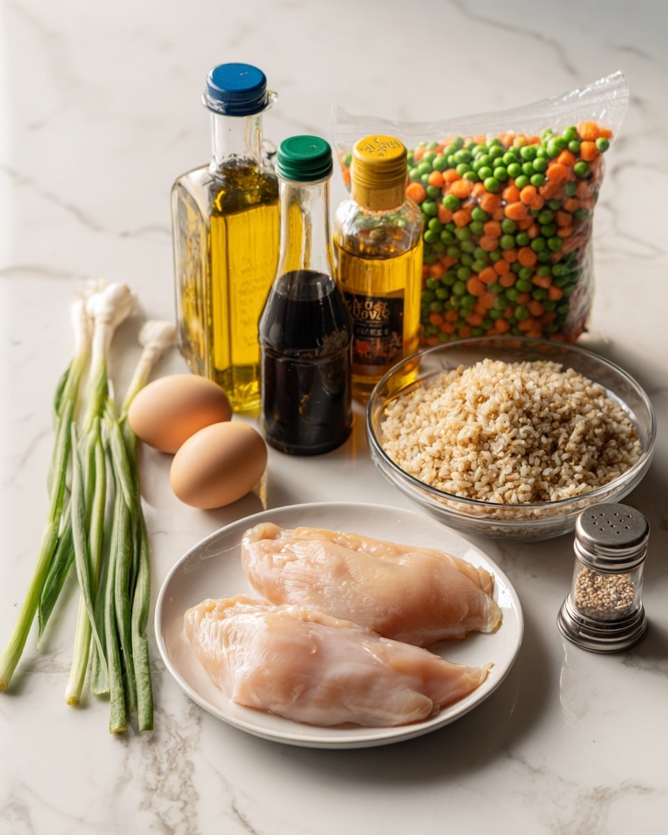 The image shows various cooking ingredients arranged on a white marbled surface. In the center, there is a white plate with two raw pale pink chicken fillets. To the right of the plate, a clear glass bowl holds cooked brown rice with a soft texture. Further right, two garlic cloves and a small clear pepper grinder sit close together. Behind the plate, three bottles are lined up: a large bottle of yellow vegetable oil with a blue cap on the left, a dark soy sauce bottle with a green cap in the middle, and a small bottle of amber sesame seed oil with a yellow cap on the right. To the left of the plate, two light brown eggs rest next to three green onions with long, thin green stalks. Behind the eggs and green onions, a bag of frozen peas and carrots is placed upright, showing a colorful mix of green peas and orange carrots on the packaging. The whole setup is brightly lit, showing clear textures and colors of each item photo taken with an iphone --ar 4:5 --v 7
