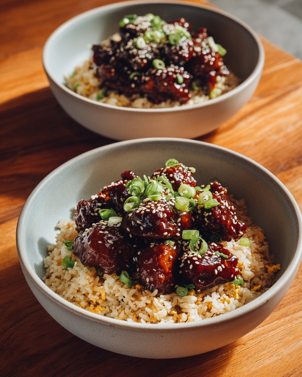 Two white bowls sit on a wooden table, each filled with two main layers. The bottom layer is golden fried rice with bits of scrambled egg and small green onion pieces scattered throughout. On top, there is a generous serving of dark brown glazed chicken pieces, coated in a shiny sauce and sprinkled with white sesame seeds and chopped green onions. The bowls have a smooth, light gray interior and a matte finish outside. The photo is taken on a white marbled surface with warm lighting, photo taken with an iphone --ar 4:5 --v 7