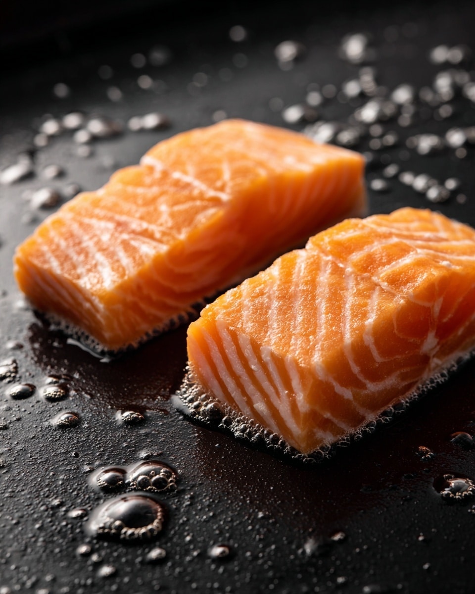 Two thick, rectangular pieces of raw salmon with a pale orange color and white marbling lines are placed side by side on a black cooking surface with small bubbles of oil around their base. The texture looks smooth and slightly shiny, showing a fresh appearance. The cooking surface has a matte finish with small droplets of oil scattered and a few shiny spots where the salmon touches it. photo taken with an iphone --ar 4:5 --v 7