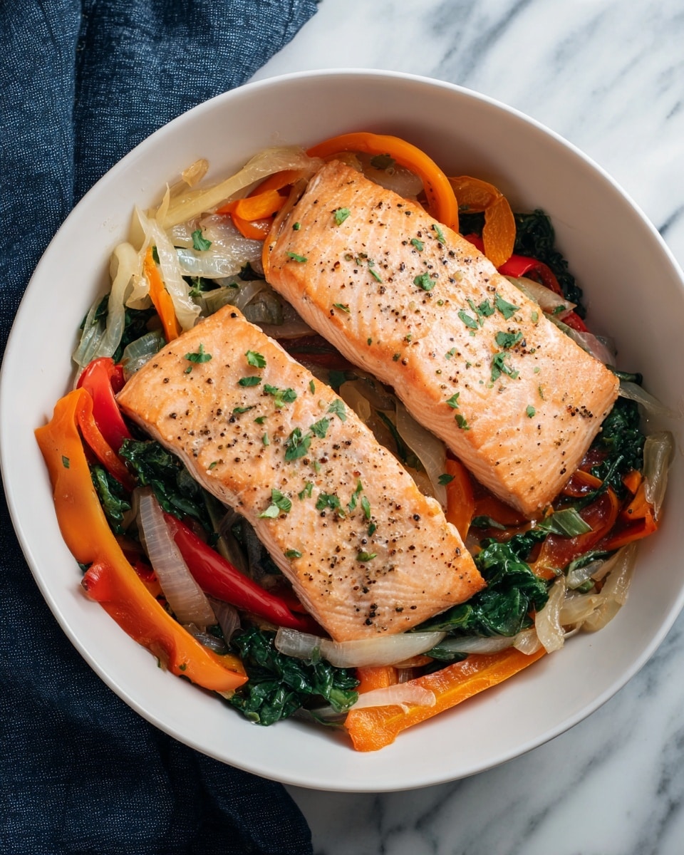 The image shows a white bowl filled with two pieces of cooked salmon placed on top. The salmon is light pink with a slightly shiny surface, sprinkled with black pepper and chopped green herbs. Underneath the salmon, there is a mix of cooked vegetables including sliced orange bell peppers, translucent onions, and green leafy vegetables, all with a glossy texture from oil or sauce. The dish is set on a white marbled surface with part of a dark blue cloth visible on the side. Photo taken with an iphone --ar 4:5 --v 7
