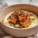 Savory Roasted Garlic Potato Soup with Grilled Cheese Croutons Recipe