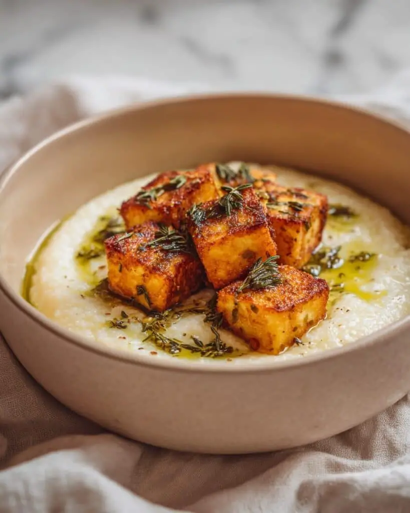 Savory Roasted Garlic Potato Soup with Grilled Cheese Croutons Recipe