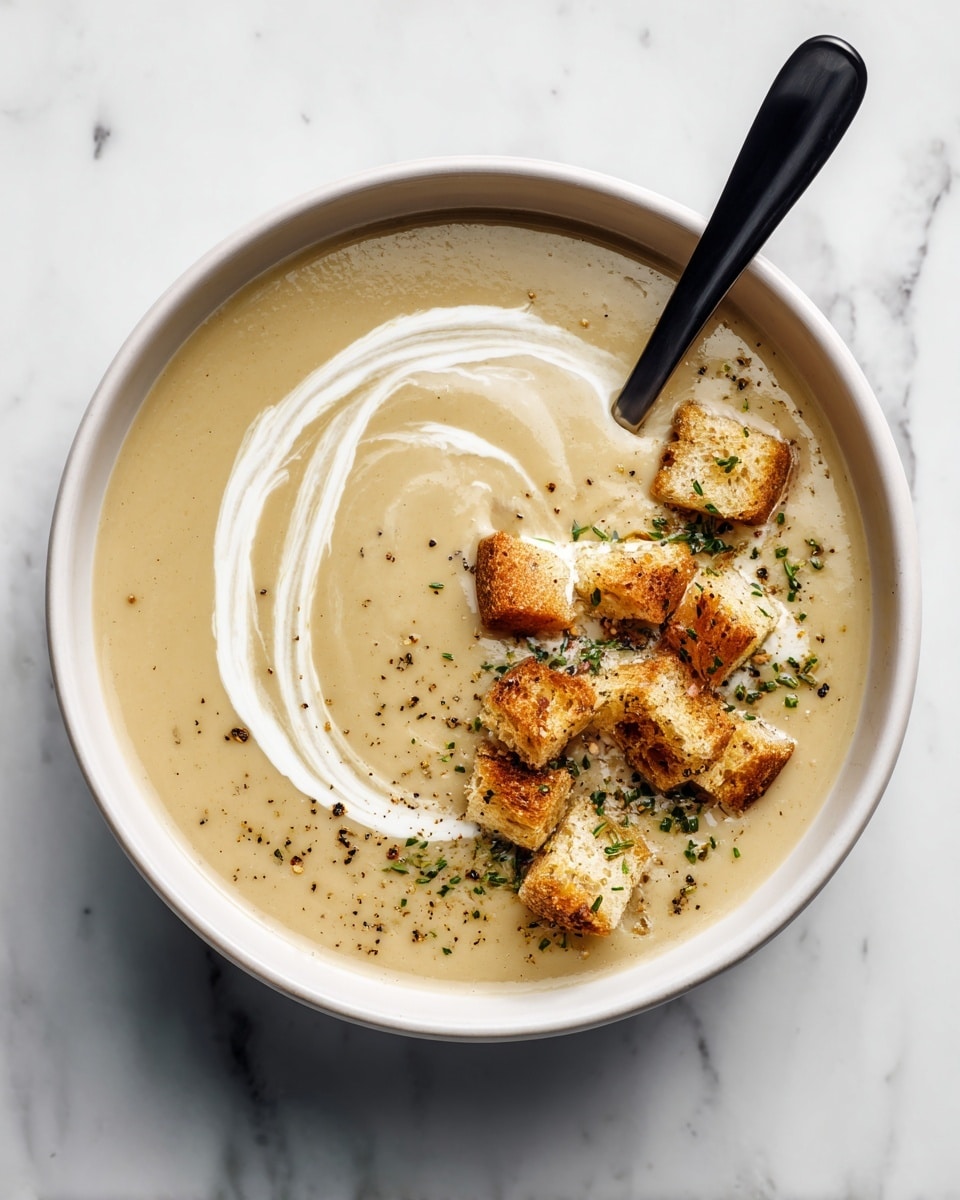 A white shallow bowl filled with a creamy beige soup has a swirl of white cream on the left side of the surface, creating a smooth, curved pattern. On the right side, there's a cluster of small golden-brown croutons sprinkled with green herbs and maybe some spices, adding texture and color contrast. The bowl rests on a white marbled surface, and a black spoon with a curved handle is placed inside the bowl, with its handle leaning slightly outwards. Photo taken with an iphone --ar 4:5 --v 7
