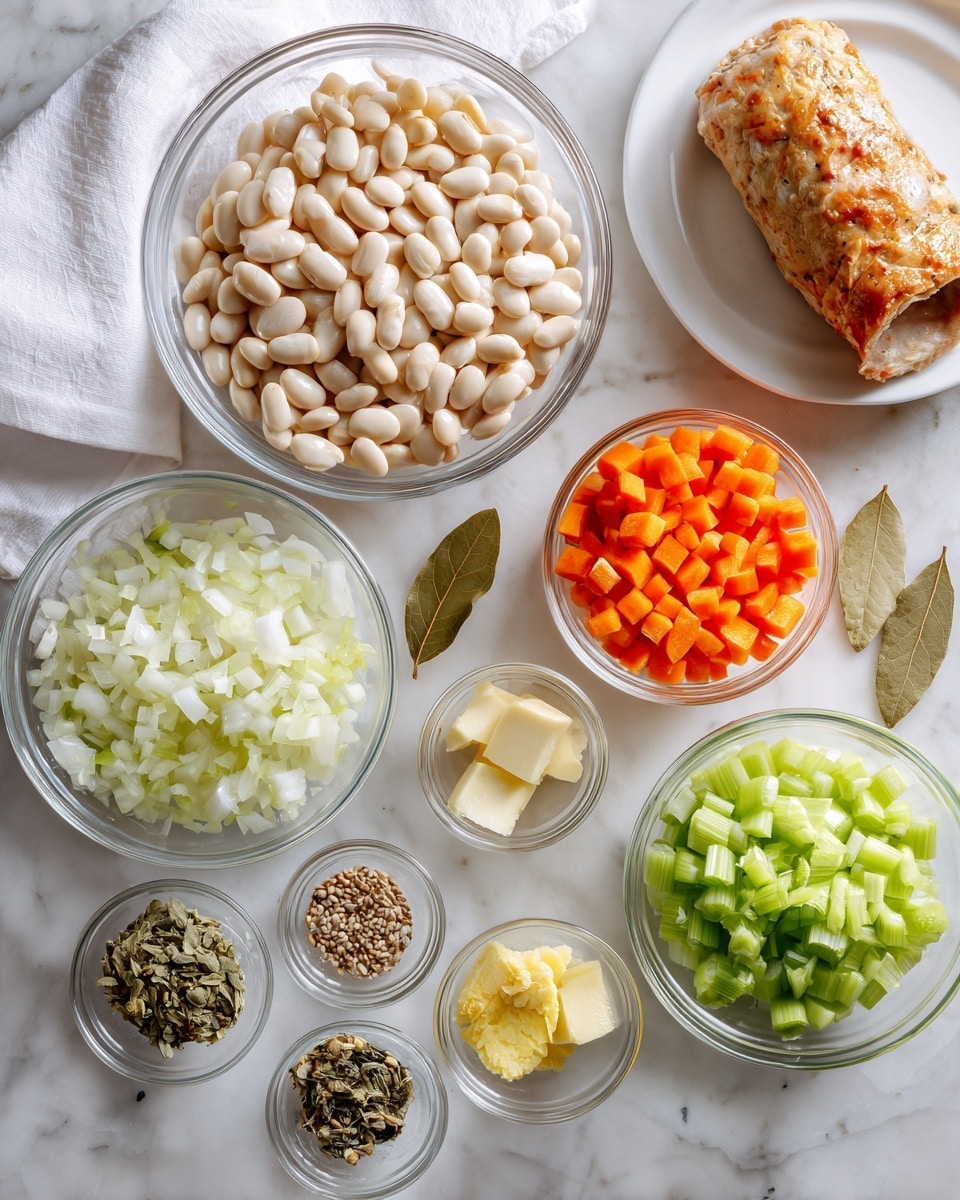 The image shows a group of ingredients on a white marbled surface, each in clear glass bowls arranged in a loose circle. At the top center, there is a large bowl filled with dry white beans that are smooth and oval-shaped. Below it to the left, there is a bowl of finely chopped white onions with a slightly translucent look. To the right of the onions, a bowl holds bright orange chopped carrots, cut into small pieces. To the right of the carrots, there is a bowl filled with chopped light green celery pieces. Small glass bowls hold dried herbs, spices, and what looks like a piece of solid yellow fat or butter near the bottom center. Two dried bay leaves rest beside these small bowls. At the top right corner of the image, a white plate holds a rolled piece of cooked meat with a golden brown exterior. There is a white cloth partially visible on the left side of the image. photo taken with an iphone --ar 4:5 --v 7
