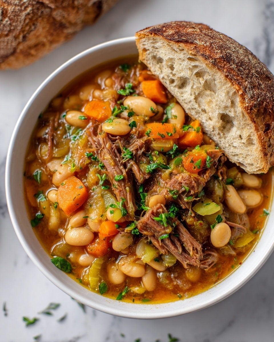 The image shows a bowl with a stew of white beans, tender shredded meat, orange carrot pieces, and chopped celery, all mixed together with small bits of fresh green herbs sprinkled on top. The bowl is white and placed on a white marbled surface, with a piece of brown crusty bread resting on the edge. The stew looks warm and hearty with soft textures contrasting against the bean shapes. photo taken with an iphone --ar 4:5 --v 7