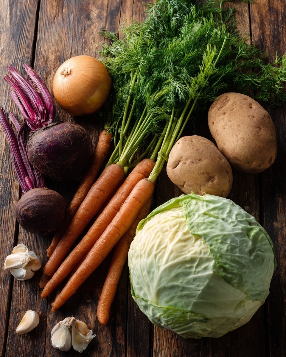 The image shows a bunch of fresh vegetables arranged on a wooden surface, including a large light green cabbage with a smooth texture on the right, two medium brown potatoes with a rough skin behind the cabbage, two long bright orange carrots placed diagonally in the center, several fresh green dill leaves at the top, a round light brown onion near the cabbage, two dark purple beets with earthy skin at the bottom, and a garlic bulb with several cloves separated on the left side. The overall image has a natural and fresh look with soft lighting, photo taken with an iphone --ar 4:5 --v 7