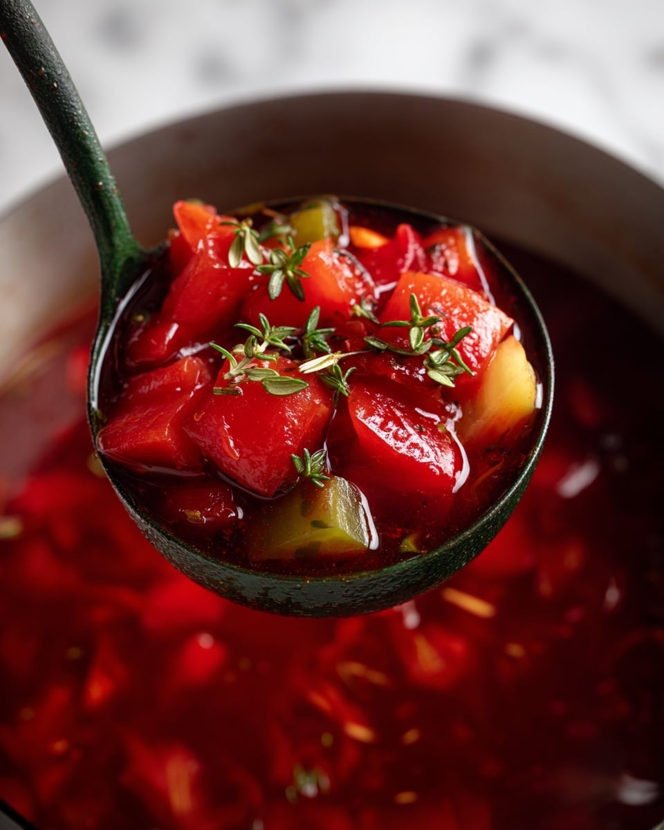A close-up image shows a dark green ladle holding bright red chunks of cooked vegetables and herbs in a deep red broth. The ladle is filled with three layers: the top layer has shiny, slightly soft red vegetable pieces mixed with small green herb sprigs, the middle layer is wet and reflective with red liquid coating the vegetables, and the bottom layer is the dark green ladle itself. The ladle is hovering above a pot filled with smooth, dark red liquid broth. The background is a white marbled texture. photo taken with an iphone --ar 4:5 --v 7