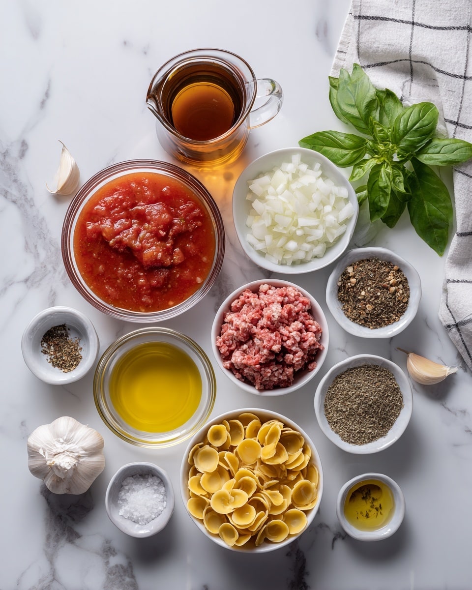 The image shows a white marbled surface with several small white and clear glass bowls arranged neatly, each containing different cooking ingredients. From left to right and top to bottom, there is a clear glass jug with brown broth, a large clear glass bowl filled with red tomato sauce, a bowl with chopped white onions, a bowl of bright red ground meat, and a bowl of pink ground meat. Below them, there is a small white bowl with olive oil, a white bowl of minced garlic, a small glass bowl with white salt, and a white bowl filled with round yellow ravioli pasta. There is also a small glass bowl with a mix of dried herbs, a small bowl with black pepper, and another bowl of salt and pepper near the bottom left. In the top right corner, fresh basil leaves and garlic cloves sit on a white and black checkered cloth. The photo was taken with an iphone --ar 4:5 --v 7