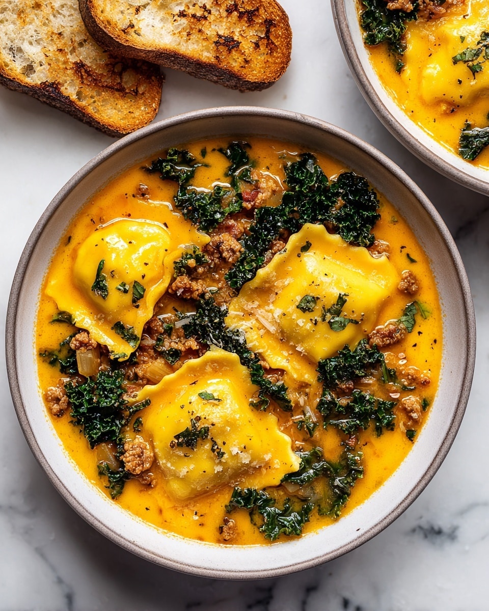 A bowl filled with three large yellow ravioli pieces floating in a thick orange soup with small chunks of browned meat, dark green leafy kale, and diced light yellow vegetables. The soup has a creamy texture and is held in a white bowl with a gray rim. Next to the bowl are two white slices of toasted bread with a crunchy, golden-brown surface, placed on a white marbled texture background. A second bowl with the same soup is partially visible in the upper right corner. photo taken with an iphone --ar 4:5 --v 7