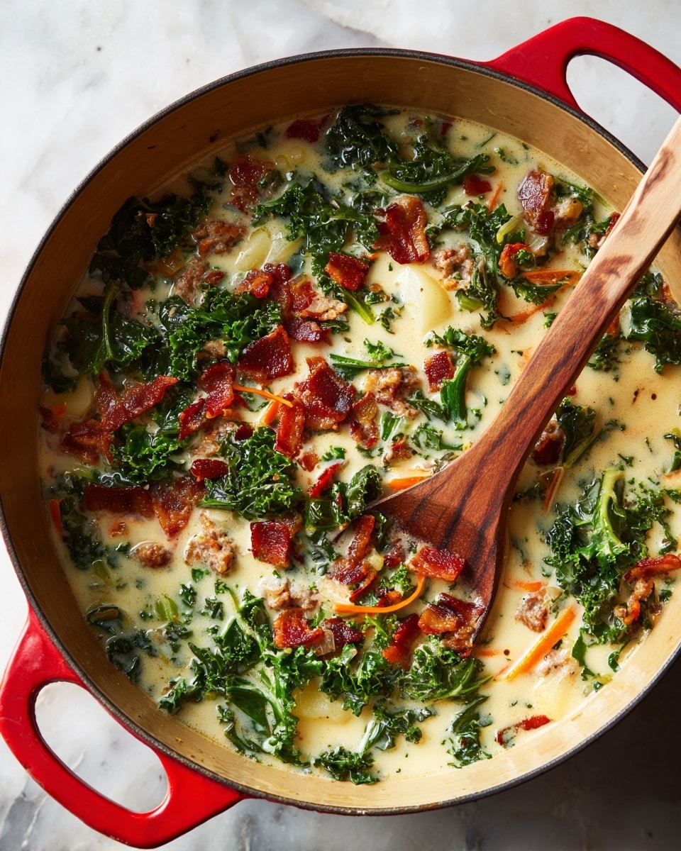 A large red pot filled with a creamy soup showing layers of green leafy kale, small browned sausage pieces, crisp reddish-brown bacon bits, thin yellow potato slices, and small orange shreds likely carrots, all floating in a rich light cream broth. A wooden spoon rests inside the pot, partially submerged in the soup, stirring the ingredients. The pot sits on a white marbled textured surface. photo taken with an iphone --ar 4:5 --v 7