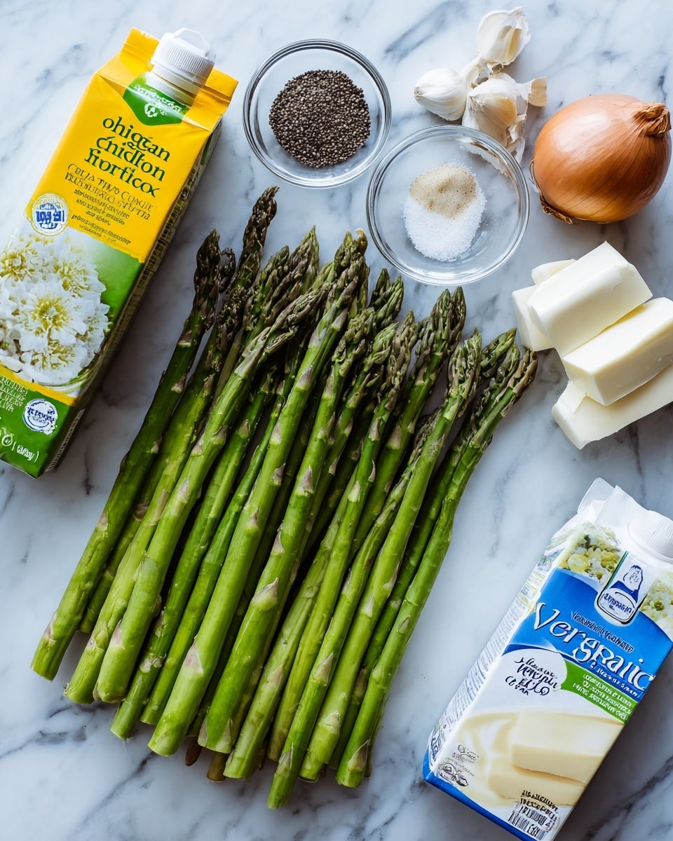 The image shows fresh green asparagus stalks laid out in the center on a white marbled surface. Around the asparagus are key ingredients: to the left, a carton of organic low sodium chicken broth with yellow and green labeling, and two small clear glass bowls containing black pepper and coarse salt. To the top right, there are two garlic cloves, a peeled brown onion, a white stick of unsalted butter, and a carton of heavy whipping cream with blue, white, and yellow packaging. All the items are neatly arranged on the white marbled surface. Photo taken with an iphone --ar 4:5 --v 7