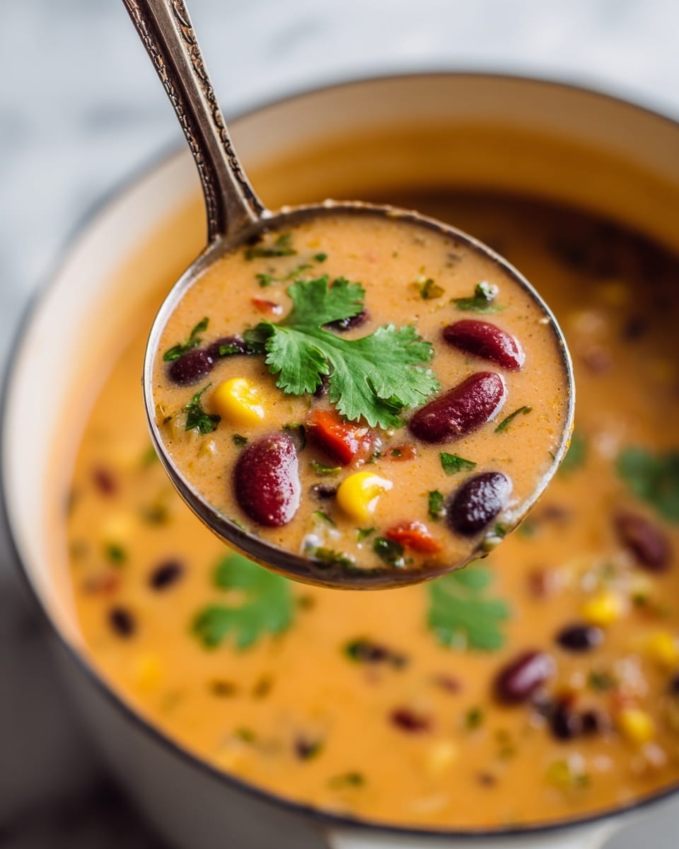 A close-up of a ladle holding a thick, creamy soup rich with black beans, kidney beans, corn, and small pieces of green herbs. The soup has a smooth, light orange base with visible bits of beans and corn spread evenly throughout. On top of the ladle, two fresh cilantro leaves rest, adding a fresh green color contrast. The ladle hovers above a white marbled surface with more of the soup filling a white bowl below, showing the same creamy texture and colorful mix of ingredients. Photo taken with an iphone --ar 4:5 --v 7
